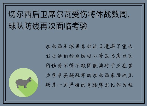 切尔西后卫席尔瓦受伤将休战数周，球队防线再次面临考验